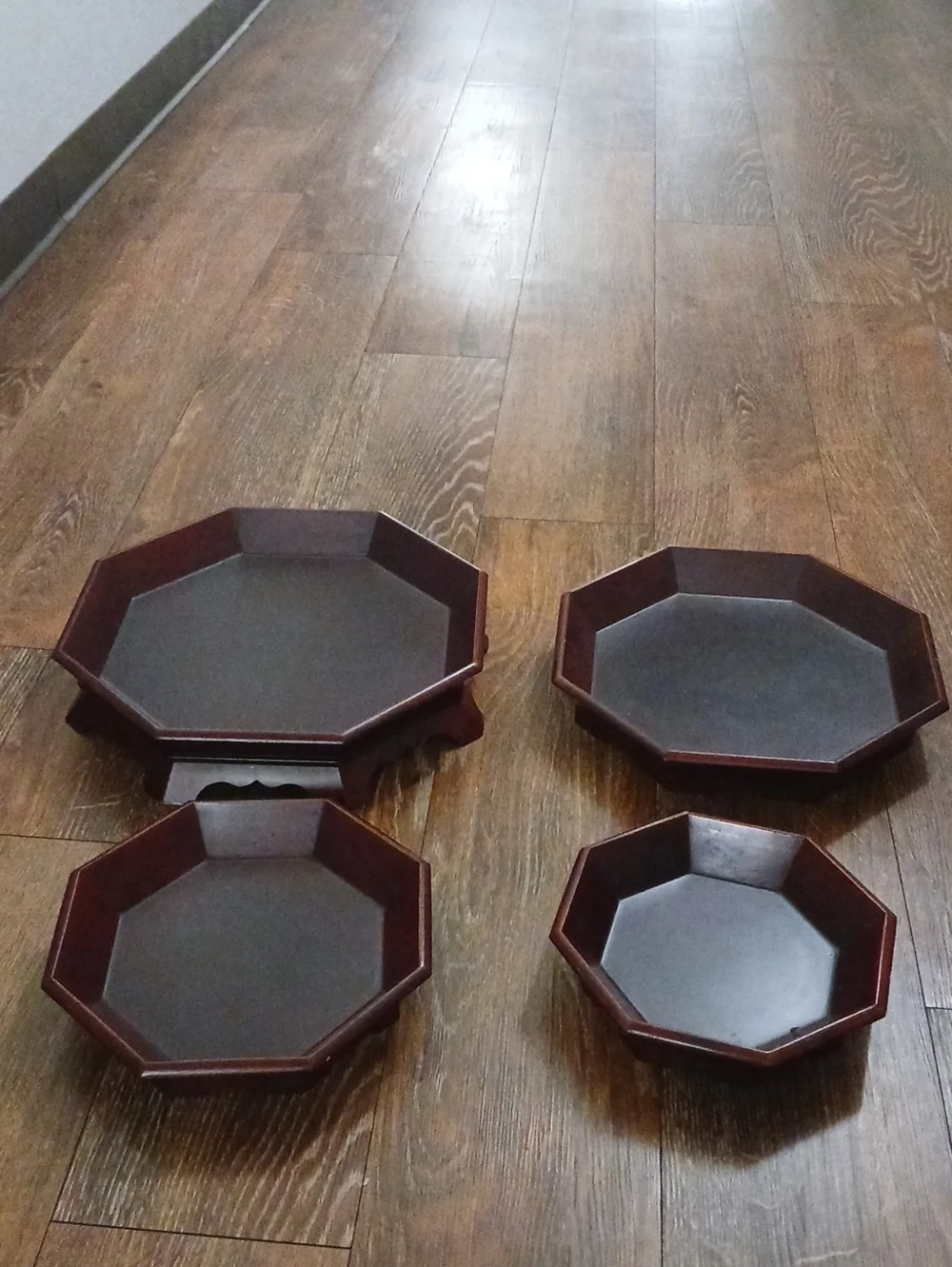 Asian Octagonal Wooden Pedestal Serving Trays - Set of 4
